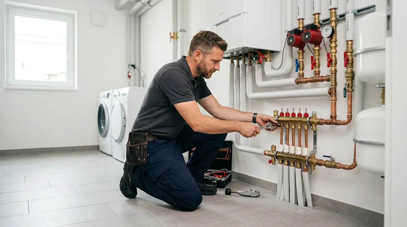 Installateur bei der Montage einer Heizungsanlage